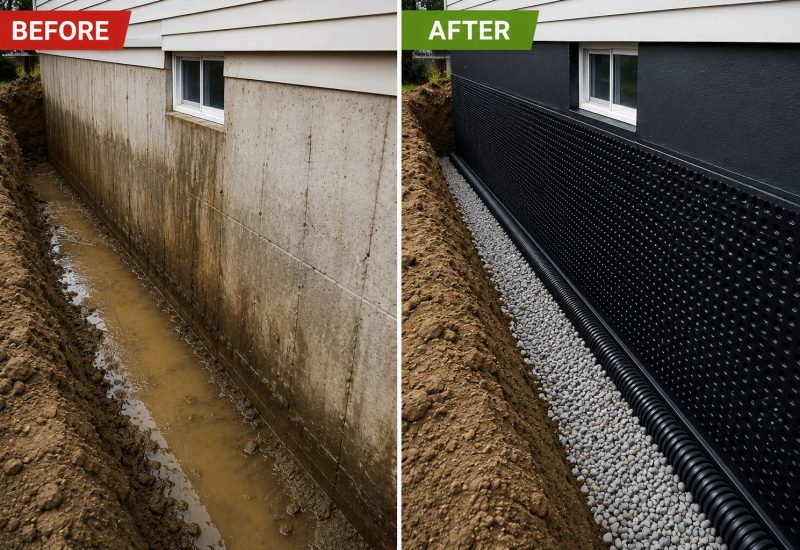 Exterior Waterproofing System Before After Minden
