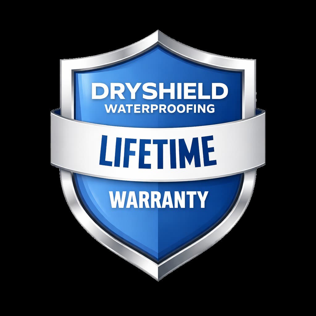 Dryshield Lifetime Transferable Warranty badge available for Windsor basement waterproofing projects