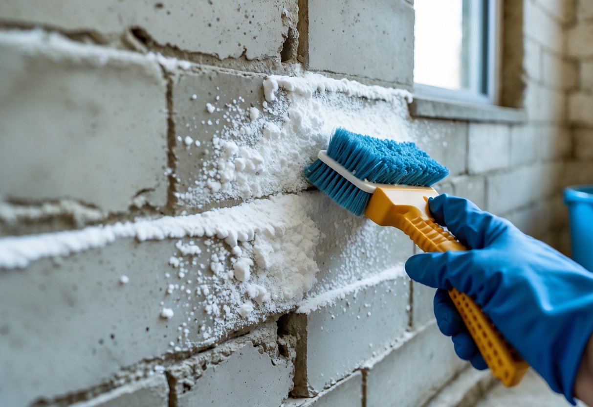 A hand wearing a blue glove scrubbing white chalky deposits off a concrete basement wall with a brush.